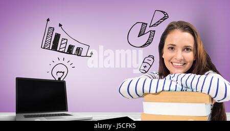 Digital composite of Female student with laptop and books contre graphiques Banque D'Images