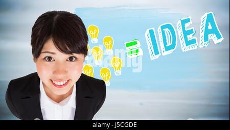 Digital composite of business woman looking up contre lightbulb doodles et trouble panneau bleu Banque D'Images