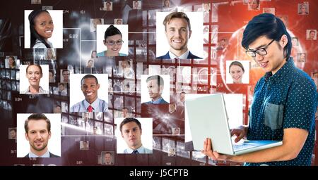 Digital composite de personne d'affaires en utilisant le portable contre les portraits Banque D'Images