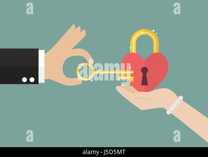 L'homme d'essayer de déverrouiller le cœur des femmes. Vector illustration Illustration de Vecteur