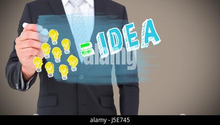 Digital composite de business man mid section dimensions lightbulb doodle contre fond brun Banque D'Images