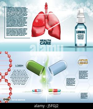 Vecteur numérique médecine rouge poumons infographies sur la structure des soins de santé respiratoire et maquette pilules, avec votre marque, prêt pour la publicité imprimée ou d'un magazine Illustration de Vecteur