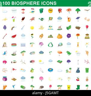 100 icônes de la biosphère, de style cartoon Illustration de Vecteur