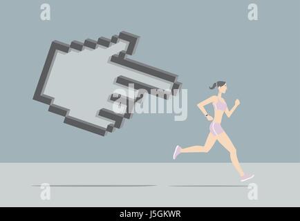 Fille courir poursuivi par pointeur en forme de main. Illustration de Vecteur