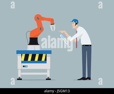 4.0 Concept d'automatisation d'usine de l'industrie. Les mains du robot contrôlé par ingénieur avec Tablette PC. Illustration de Vecteur