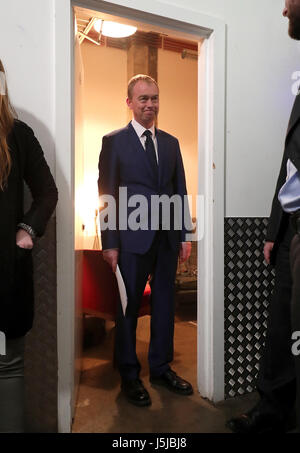 Les libéraux démocrates chef Tim Farron avant le lancement du manifeste libéral-démocrate à Bethnal Green, l'Est de Londres. Banque D'Images