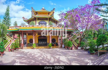 Dalat, Vietnam - Mars 28th, 2017 : la beauté de l'architecture temple Jacaranda fleurs fleurissent à côté exprime la pureté, la paix dans la porte de Bouddha Banque D'Images