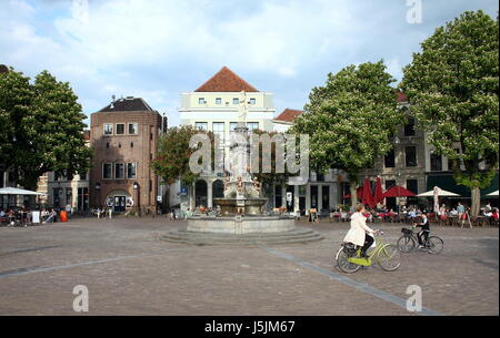 Châtaigniers sur centrale spacieuse bord square de l'ancienne ville hanséatique de Deventer, Pays-Bas. Banque D'Images