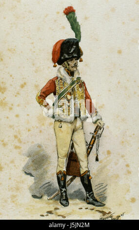 Des uniformes militaires. La France. 18e siècle. Premier Empire. Officier de l'Chasseurs à cheval de la Garde Impériale. Gravure couleur, 19e siècle. Banque D'Images