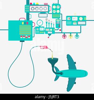 L'usine de machines et de ravitaillement en essence de raffinage d'un avion. Avion alimenté par une pompe à essence. Illustration de Vecteur