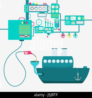 L'usine de machines et de ravitaillement en essence de raffinage d'un bus. Alimenté par bus une pompe à essence. Illustration de Vecteur