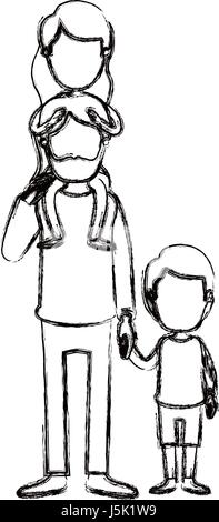 Caricature silhouette floue avec père barbu sans visage fille sur son dos et le garçon pris les mains Illustration de Vecteur