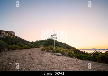 Paysage rural avec carrefour sur la colline dans la forêt au coucher du soleil. Deux directions différentes. Concept de choisir la bonne voie. Chemin de gauche et droite. Banque D'Images