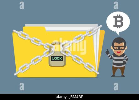 Hacker lock un fichier de données et la demande de paiement Bitcoin pour code de déverrouillage. Illustration à propos de rançon en en ligne. Illustration de Vecteur