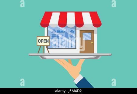 Hand holding silver tray qui ont une boutique. Cette illustration sur le concept de PME. Illustration de Vecteur