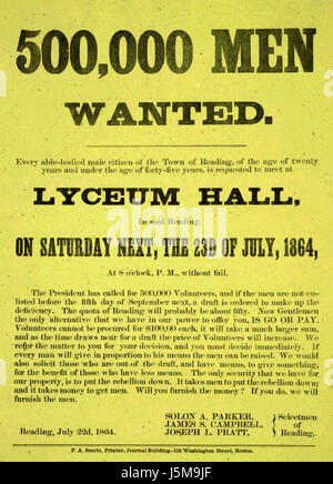 500 000 hommes voulait - Rencontrez au Lyceum Hall, Reading, Pennsylvanie - American Civil War, 1864 Affiche de recrutement Banque D'Images