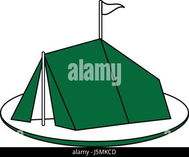 Silhouette couleur vert de l'image tente de camping dans l'herbe avec drapeau Illustration de Vecteur