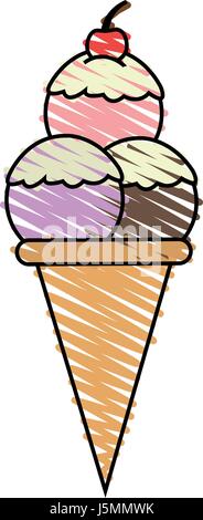 Couleurs cartoon bande ice cream cone avec trois balles et cherry Illustration de Vecteur