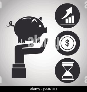 Hand holding piggy argent dollar carte bancaire droit pictogramme. Illustration de Vecteur