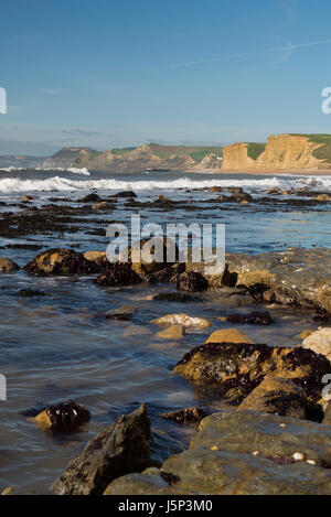 Voir à marée basse le long de la Côte Jurassique Dorsets vers le Cap d'or de la plage de Burton Bradstock. Partie de la South West Coast Path Banque D'Images