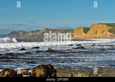 Voir à marée basse le long de la Côte Jurassique Dorsets vers le Cap d'or de la plage de Burton Bradstock. Partie de la South West Coast Path Banque D'Images