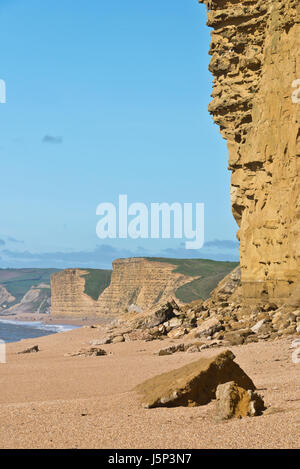 Voir à marée basse le long de la Côte Jurassique Dorsets vers le Cap d'or de la plage de Burton Bradstock. Partie de la South West Coast Path Banque D'Images