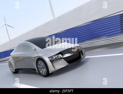 Voiture électrique la conduite sur la voie de charge sans fil de l'autoroute. Panneau solaire et éolienne sur la route. Le rendu 3D image. Banque D'Images