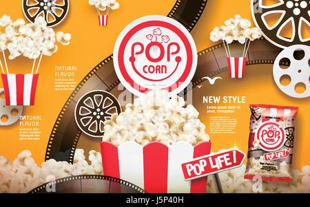 Délicieux popcorn annonces, rayures blanc et rouge avec forfait film fixe et éléments du tambour isolé sur fond jaune de chrome, 3d illustration Illustration de Vecteur