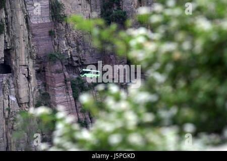 (170518) -- ZHENGZHOU, 18 mai 2017 (Xinhua) -- un bus fonctionne sur la falaise dans le corridor Guoliang (Village, Huixian, centre de la Chine, la province du Henan, le 17 mai 2017. Le couloir est une falaise Guoliang (1 250 mètres de long route construite le long de la falaise. La construction de cette route miraculeuse a duré cinq ans de 1972 à 1977, et a été construit à la main par les villageois purement de Guoliang (Village. Grâce à cette route, les villageois ici chasser la pauvreté. (Xinhua/Zhu Xiang) (lfj) Banque D'Images