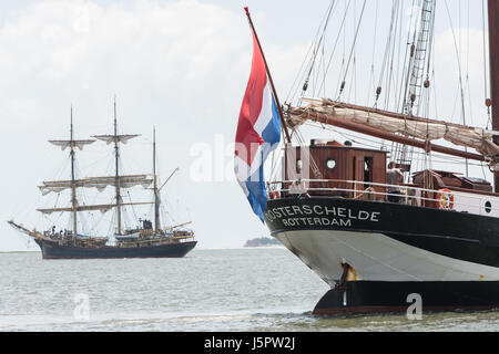 Paris, France. 18 mai, 2017. Les Néerlandais trois-mâts goélette Oosterschelde, droite, passe le trois-mâts barque Picton Castle, gauche, pendant le défilé de voiles de lancer le festival des Grands Voiliers de Charleston, 18 mai 2017 à Charleston, Caroline du Sud. Le festival des grands voiliers du monde entier passeront trois jours à visiter les quartiers historiques de Charleston. Credit : Planetpix/Alamy Live News Banque D'Images