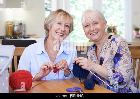 Portrait de deux amies, ensemble, à la maison de tricot Banque D'Images