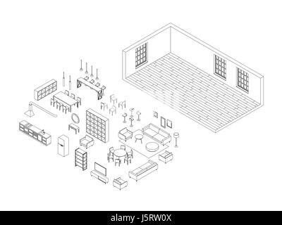 Meubles en ligne mis en vue isométrique Illustration de Vecteur