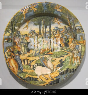 Une assiette en faïence émaillée d'étain représentant « Apollon et les Muses sur le mont Parnasse », un thème célèbre de la mythologie grecque, exposée à Cincinnati. Banque D'Images