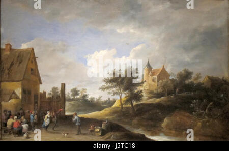Cette huile sur toile peinte par David Teniers le jeune intitulée 'paysage avec des paysans dansant' représente la vie rurale au XVIIe siècle. L'œuvre met en valeur des paysans engagés dans une danse joyeuse, un thème commun dans ses peintures de genre. Banque D'Images