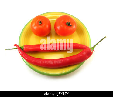 Hot chili pepper Tomates Tomates légumes smiley rigolo d'enthousiasme Banque D'Images