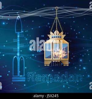 Le Ramadan. La lanterne est un très beau carré d'or sur le fond du ciel avec des étoiles émettant de la lumière, et l'inscription : le Ramadan. Illus Illustration de Vecteur