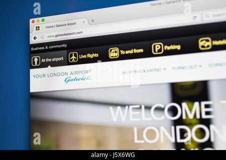 Londres, Royaume-Uni - 17 MAI 2017 : La page d'accueil pour le site officiel de l'aéroport de London Gatwick, le 17 mai 2017. Banque D'Images