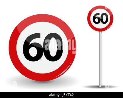 Round Red Road Sign limite de vitesse à 60 kilomètres par heure. Vector Illustration. Illustration de Vecteur