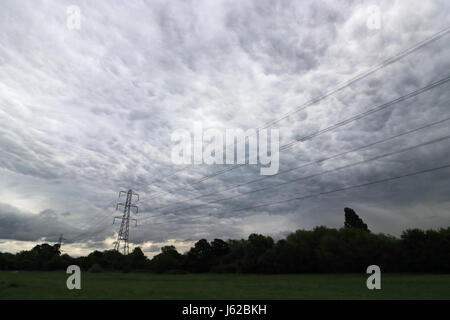 Tolworth, Surrey, UK. 19 mai 2017. Les nuages mammatus inhabituel remplir le ciel par temps humide au cour Tolworth Nature Reserve à Surrey. Ces étranges nuages grumeleux hang généralement sur la face inférieure des cumulonimbus rainclouds. Credit : Julia Gavin UK/Alamy Live News Banque D'Images