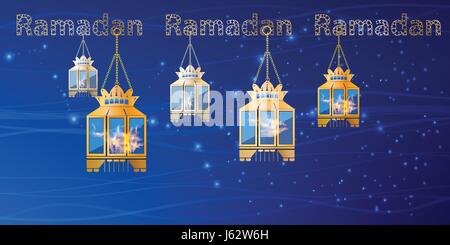 Le Ramadan. Très belle lanterne 5 pièces carré d'or sur fond de ciel bleu de la nuit. Illustration pour votre conception. Feuille horizontal Illustration de Vecteur
