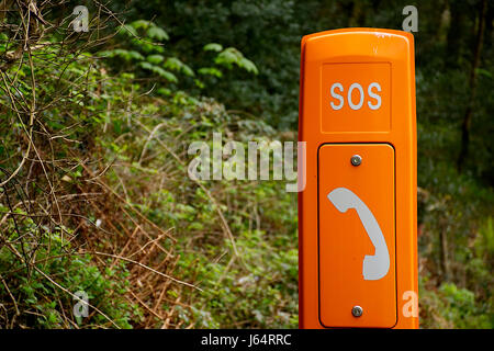 Téléphone d'urgence en zone rurale.Le nord du Pays de Galles, Royaume-Uni.phone.assistance routière d'urgence Orange phone box sur la campagne environnante de la route. Banque D'Images