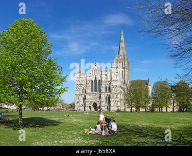 La cathédrale de Salisbury West/et fermer avec des gens pique-nique et détente au soleil Banque D'Images