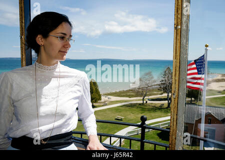 Michigan Mackinaw City, Mackinac Historic State Parks Park, détroit de Mackinac, lac Huron, pont Mackinac, Old Mackinac point Ligh Banque D'Images