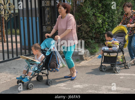 Grands-mères poussant des petits-enfants dans des poussettes à Beijing, Chine. Banque D'Images