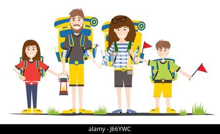 Les touristes avec des sacs à dos isolé sur blanc. Camping en famille. Vector Illustration. Illustration de Vecteur