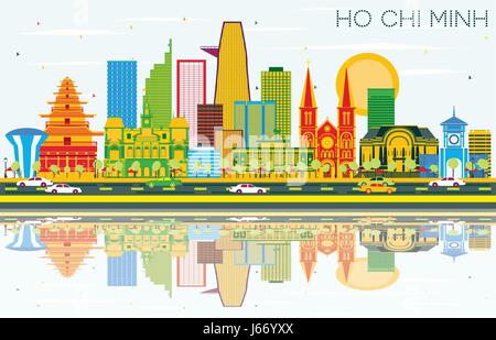 Ho Chi Minh avec toits de bâtiments, de couleur bleu ciel et les réflexions. Vector Illustration. Les voyages d'affaires et tourisme Concept avec des bâtiments modernes. Illustration de Vecteur