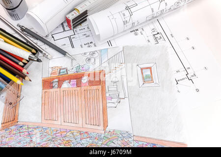 Des croquis dessinés à la main, et des plans de l'intérieur chambre moderne et sur le lieu de travail des concepteurs d'outils de dessin Banque D'Images