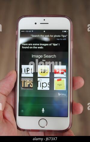 L'iphone 6s en cours close up lors d'une recherche vocale avec Siri pour conseils photo Banque D'Images