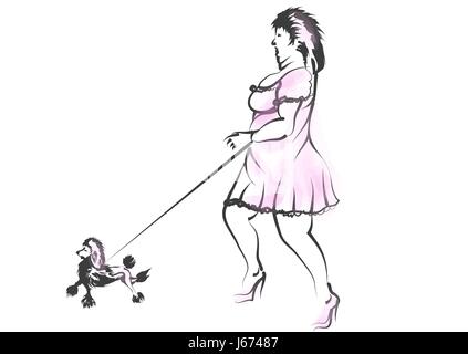 Femme obèse avec chien isolé sur fond blanc Illustration de Vecteur