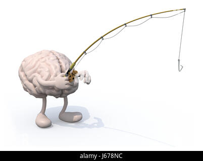 Cerveau humain avec les bras et les jambes et canne à pêche à la main, 3d illustration Banque D'Images